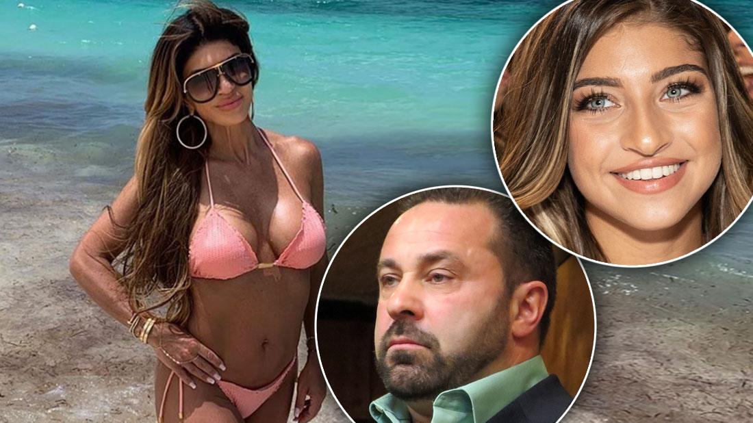 Teresa Giudice Wearing Sunglasses and Pink Bikini On the Beach Smiling, Inset of Joe Giudice Looking Mad, Inset Smiling Gia Giudice