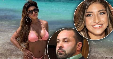 Teresa Giudice Wearing Sunglasses and Pink Bikini On the Beach Smiling, Inset of Joe Giudice Looking Mad, Inset Smiling Gia Giudice