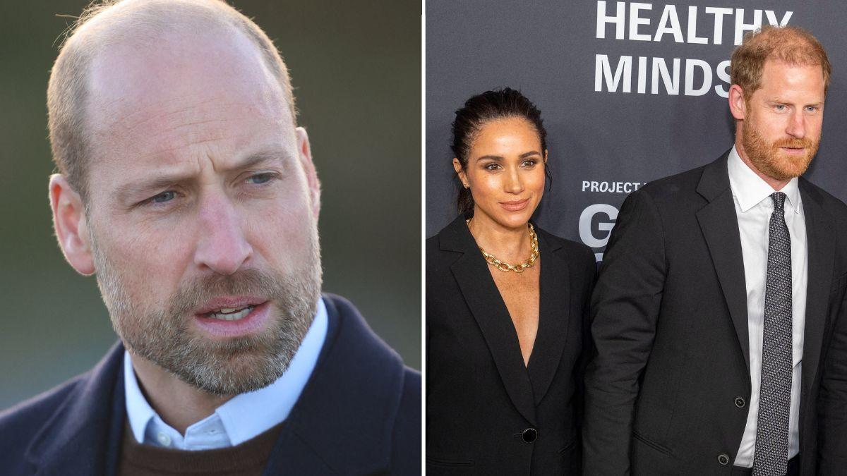 Split photo of Prince William, Prince Harry and Meghan Markle