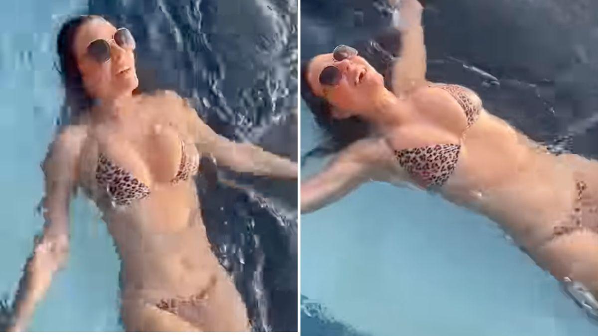 Image of Hurley rocks gold-chain detailing and tiny drawstring bottoms in her swimwear line.