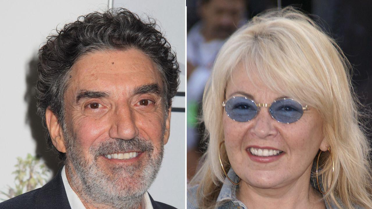 A photo of Chuck Lorre alongside a photo of Roseanne Barr