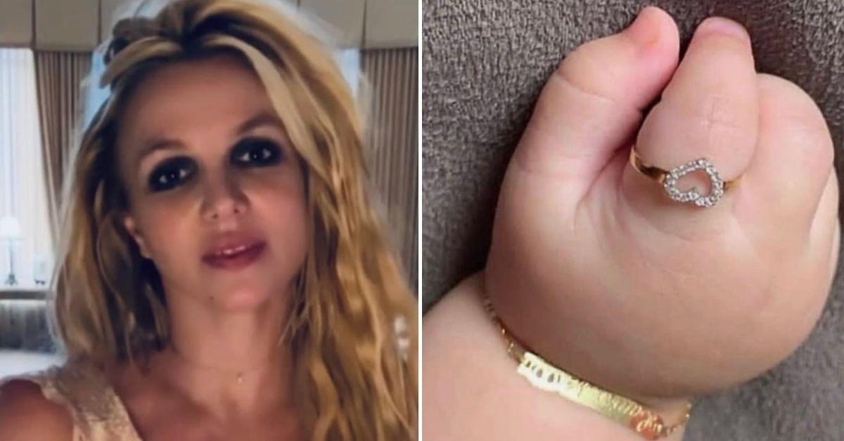 Split photo of Britney Spears and a baby hand.