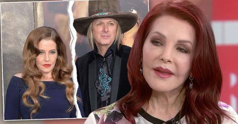 Inset Of Torn Photo Of Lisa Marie Presley and Michael Lockwood, Priscilla Presley with Floral Shirt