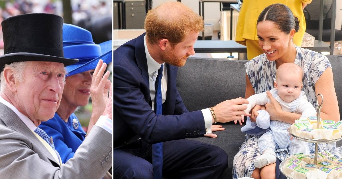 Composite of King Charles and Prince Harry and Meghan Markle with their son Archie