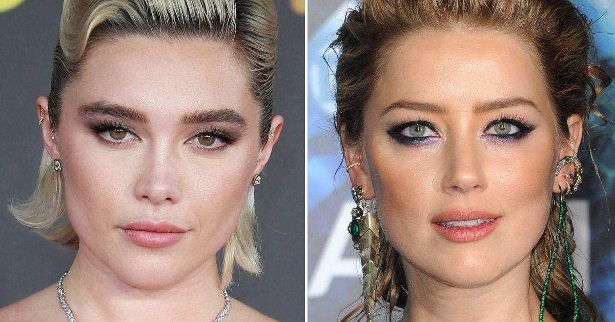 Split photo of Florence Pugh, Amber Heard.