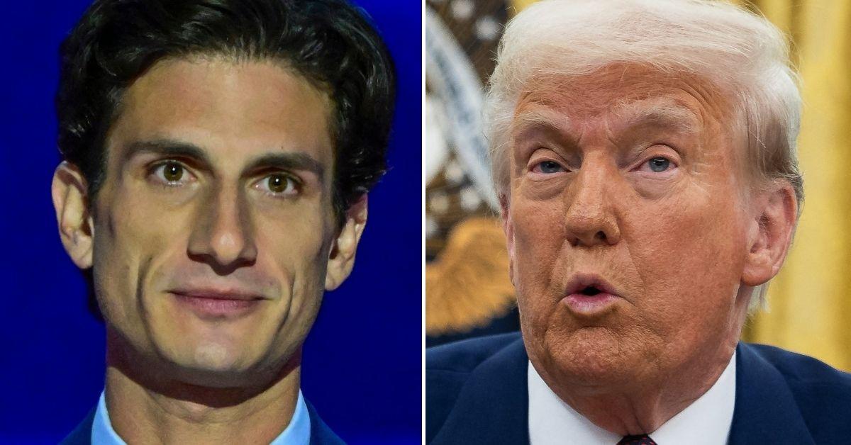 Split photo of Jack Schlossberg, Donald Trump.