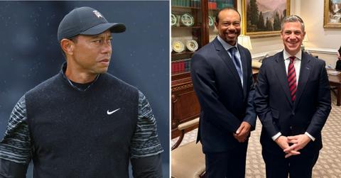 Split photo of Tiger Woods, Tiger woods and Jim Banks