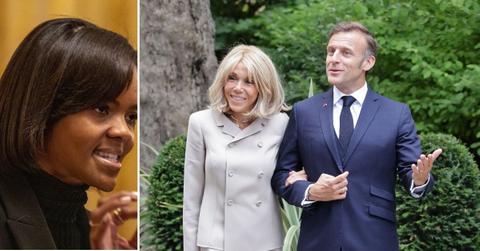 split photo of Candace Owens and Emmanuel and Brigitte Macron.