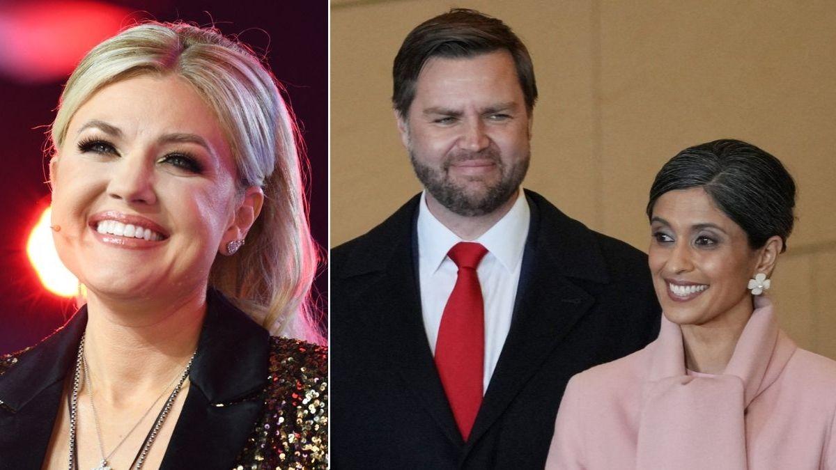 split image of Erika Kirk / J.D. Vance and Usha Vance