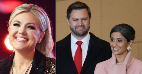 split image of Erika Kirk / J.D. Vance and Usha Vance