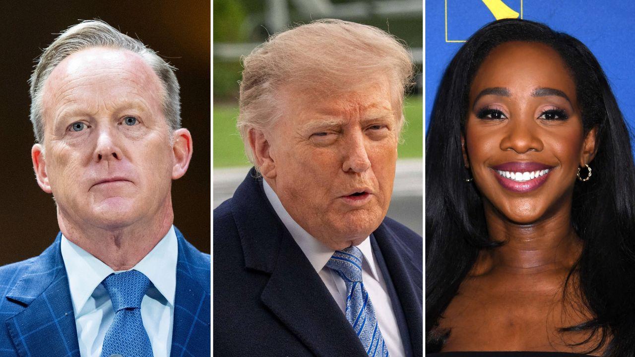 split image of Sean Spicer, Donald Trump, and Abby Phillip