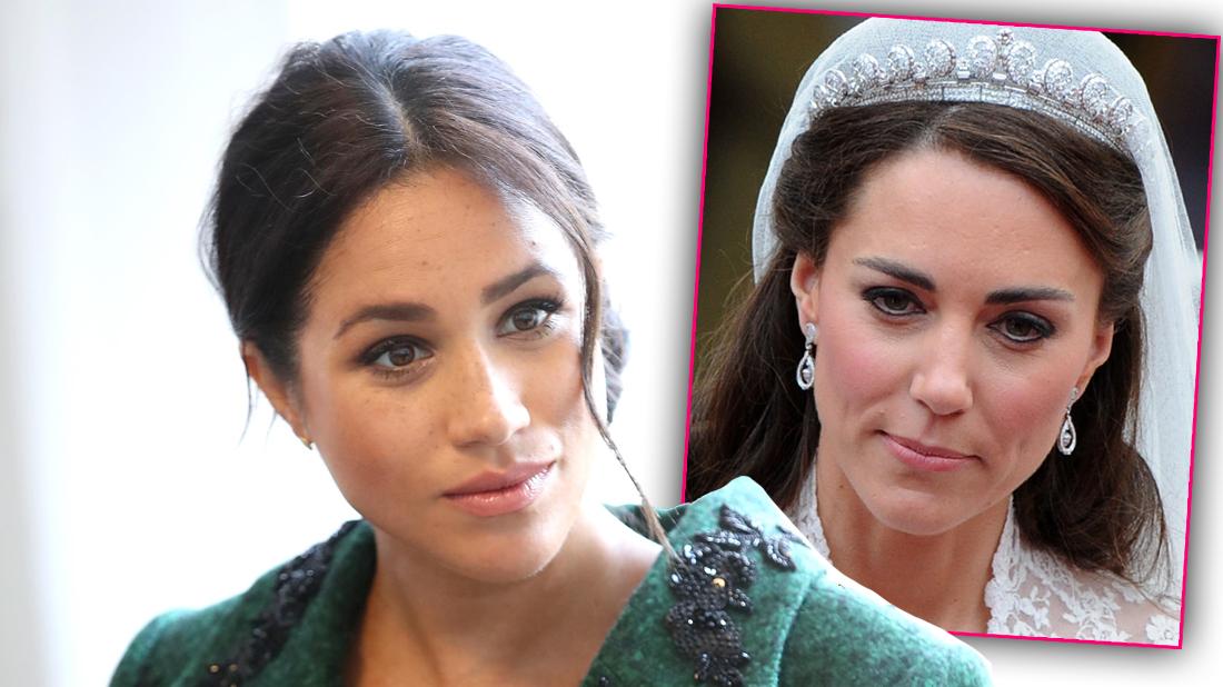 Meghan Markle In Green Coat Looking Serious with Inset of Kate MIddleton In Tiara