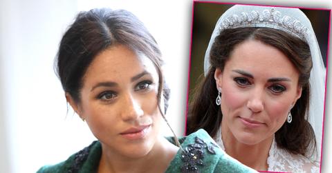 Meghan Markle In Green Coat Looking Serious with Inset of Kate MIddleton In Tiara