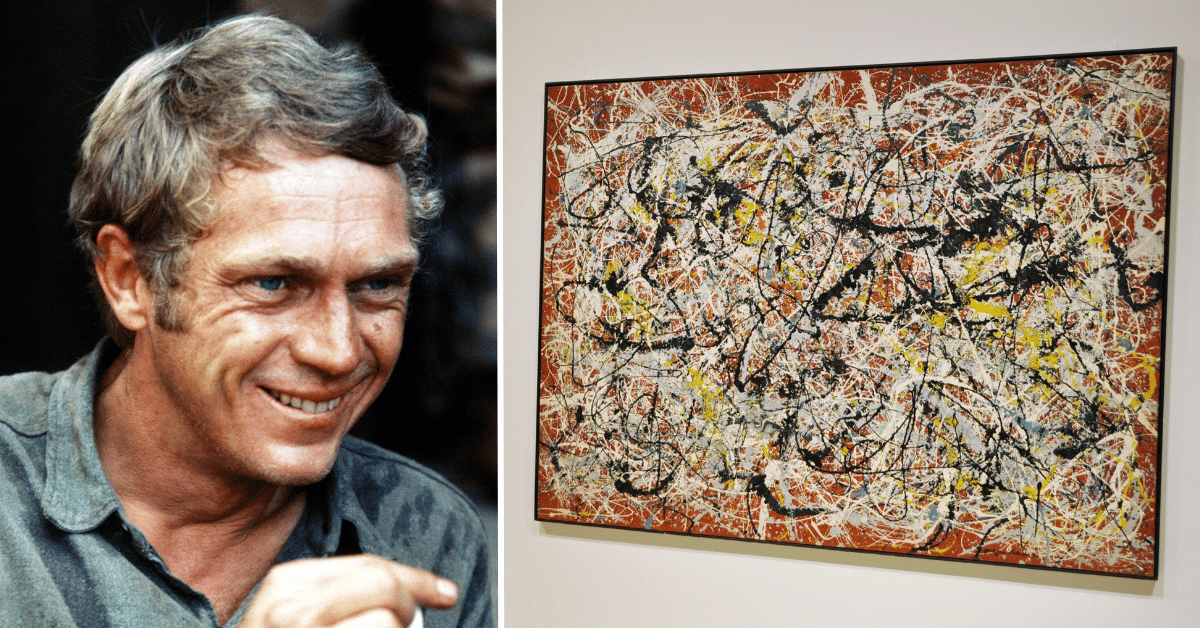 Split photo of Steve McQueen, Jackson Pollock painting