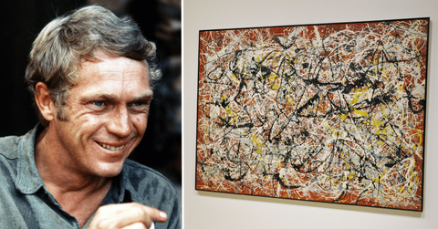 Split photo of Steve McQueen, Jackson Pollock painting