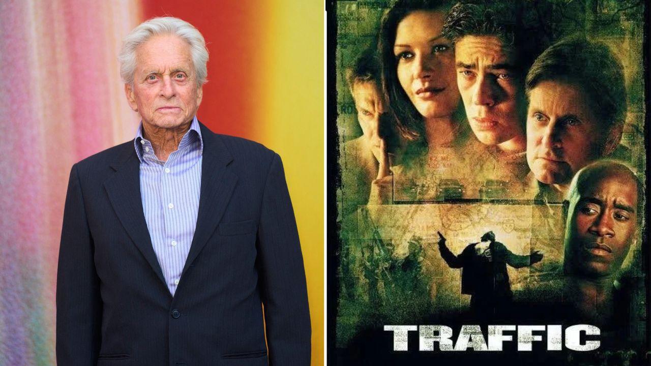 A photo of Michael Douglas alongside a movie poster for 'Traffic'