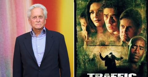 A photo of Michael Douglas alongside a movie poster for 'Traffic'