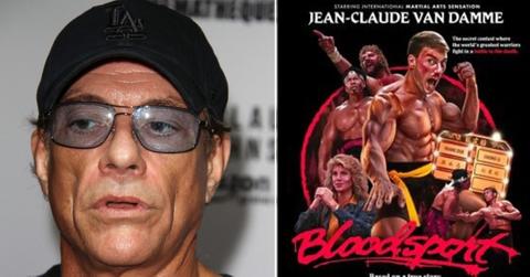 Split photo of Jean-Claude Van Damme, 'Bloodsport' movie poster.