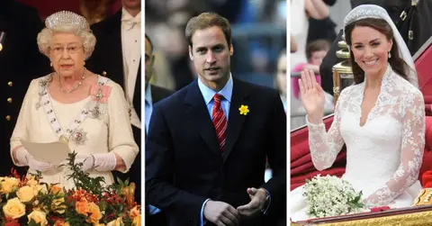 Split photo of Queen Elizabeth, Kate Middleton and Prince William