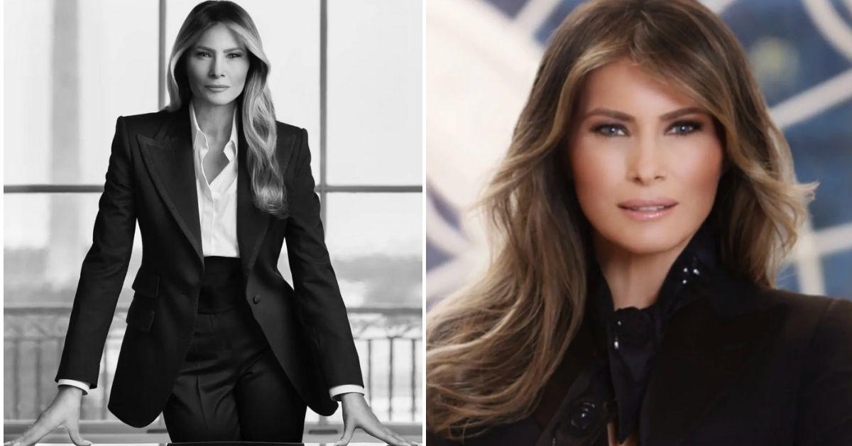 Split photo of Melania Trump's portraits.