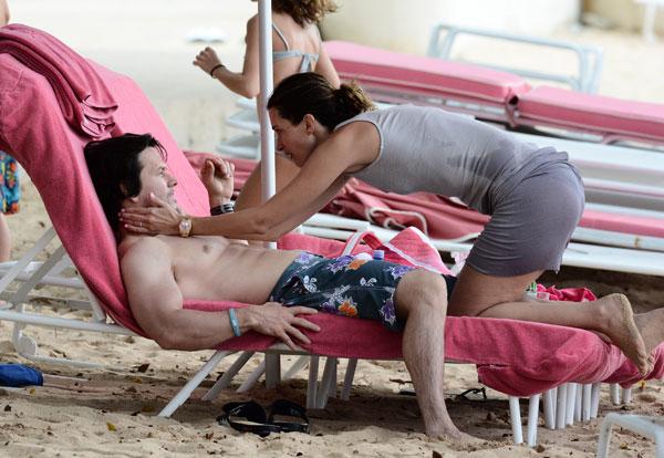 //Mark Wahlberg and his wife Rhea Durham seen on sandylane beach in Barbados