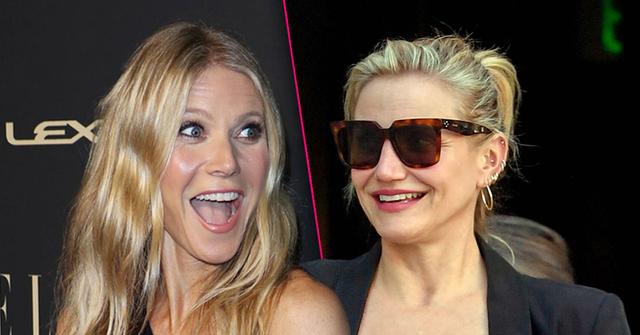 Smiling Gwyneth Paltrow Looking Right, Smiling Cameron Diazwearing Sunglasses and Looking Left