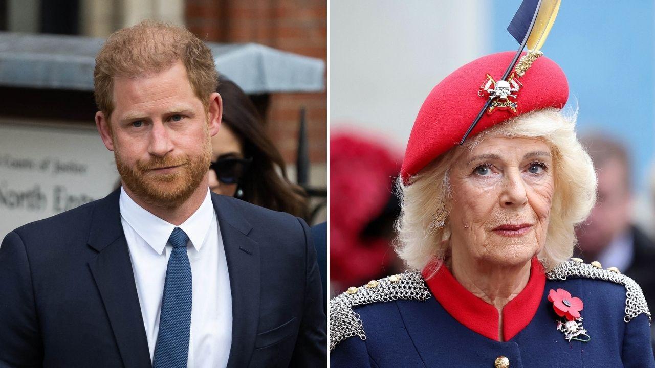 Split photo of Prince Harry and Queen Camilla
