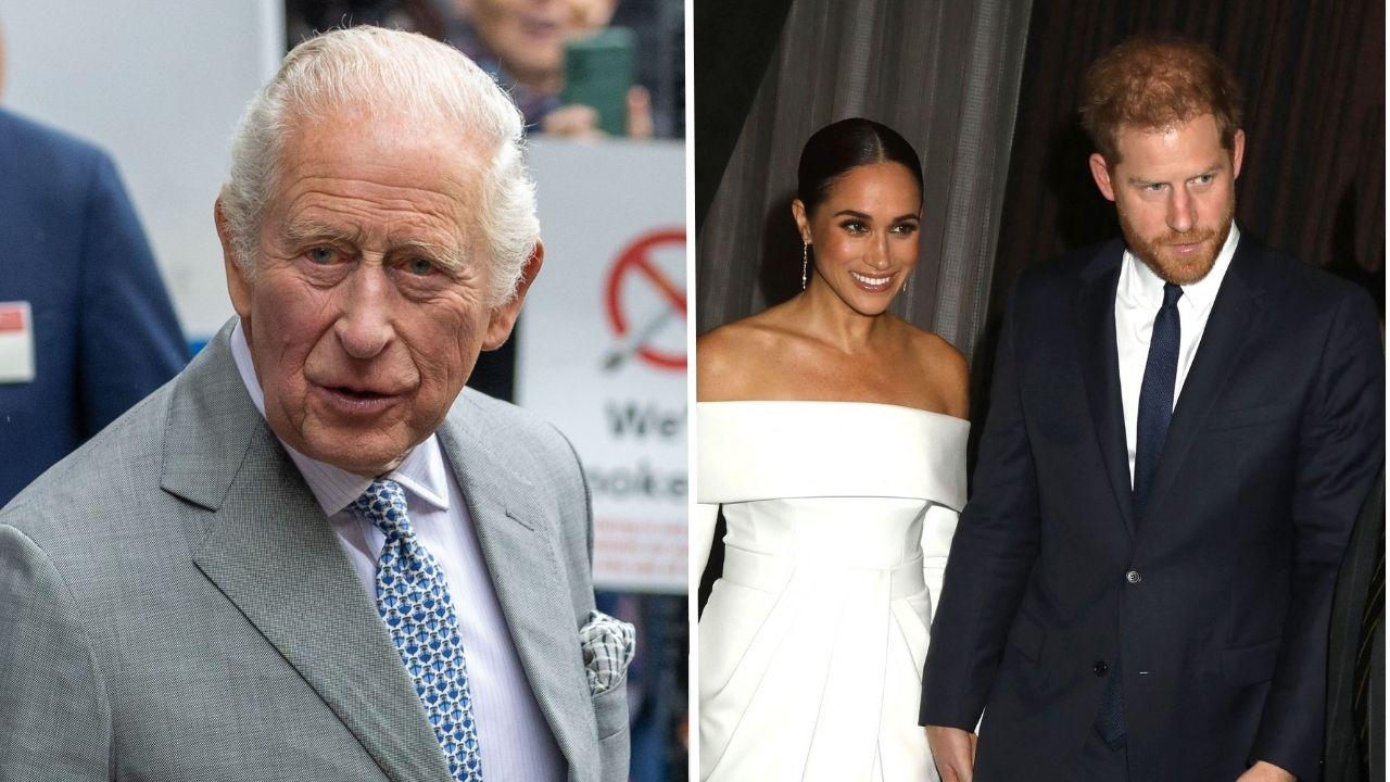 Split photos of King Charles Prince Harry and Meghan Markle