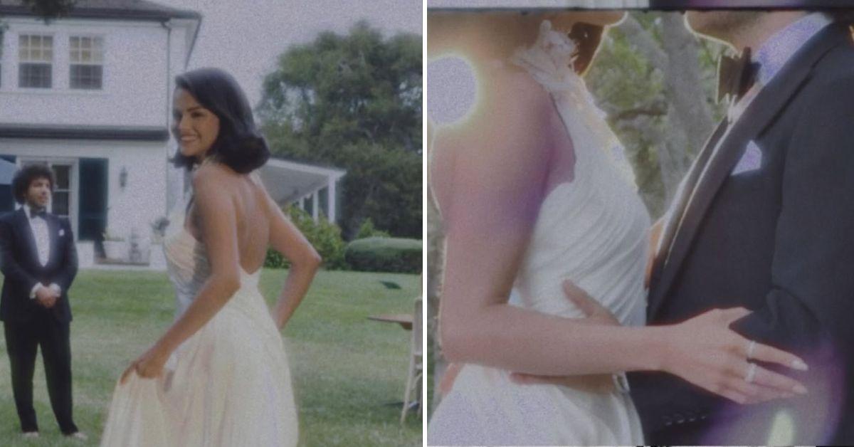 bride selena gomez wows fans floral neckline wedding dress