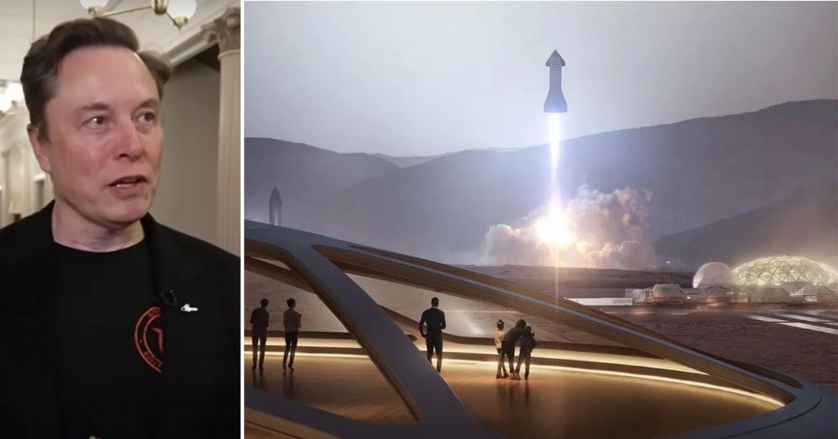 Split photo of Elon Musk and Mars space station
