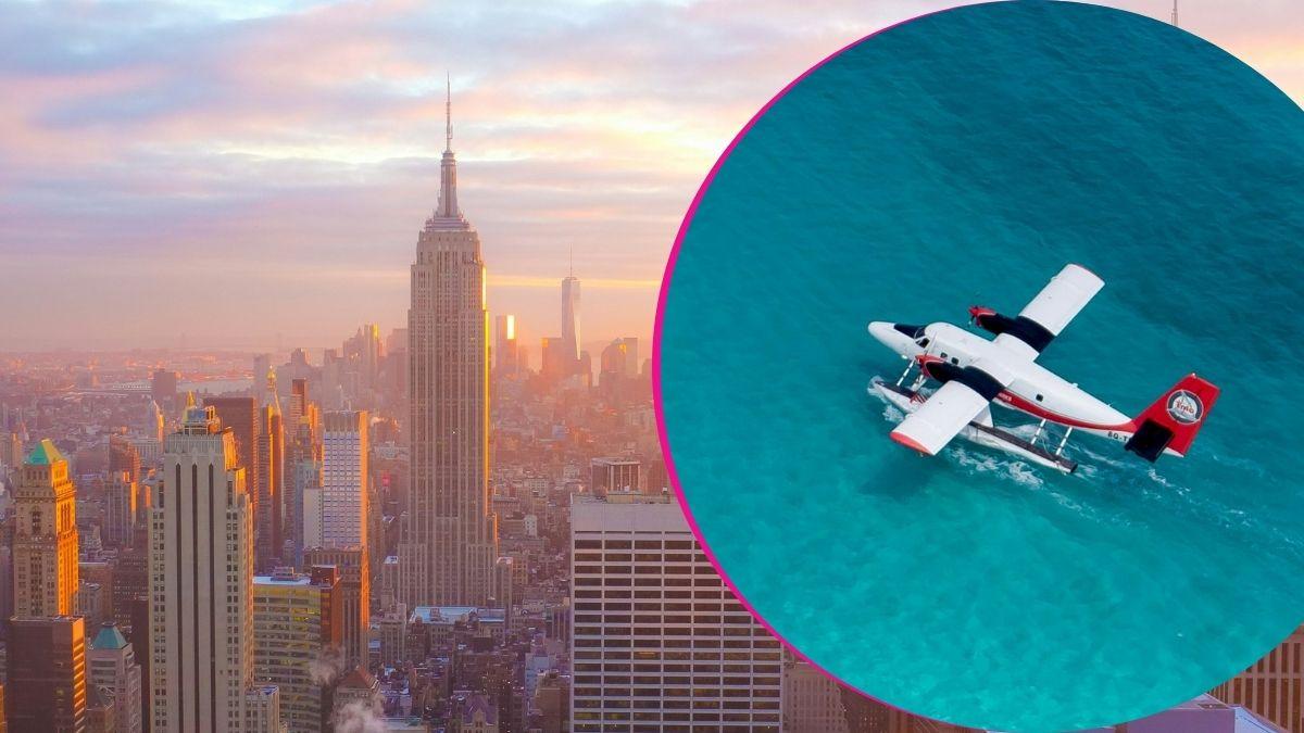 split image of New York City; seaplane in the water
