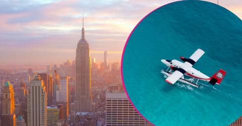 split image of New York City; seaplane in the water