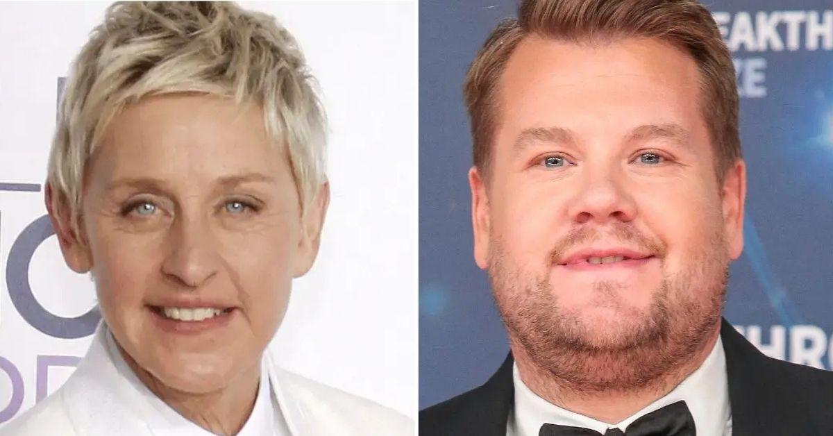 Split photo of Ellen DeGeneres, James Corden