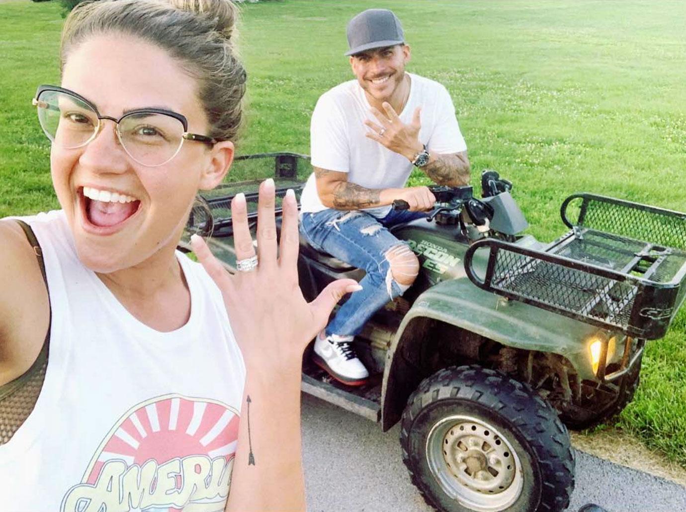 Brittany Cartwright Wearing Regular Glasses and White Tank Top Showing Her Weddingn Ring With Jax Taylor sitting on A Tractor Wearing White T-shirt and Jeans Showing His Wedding Band