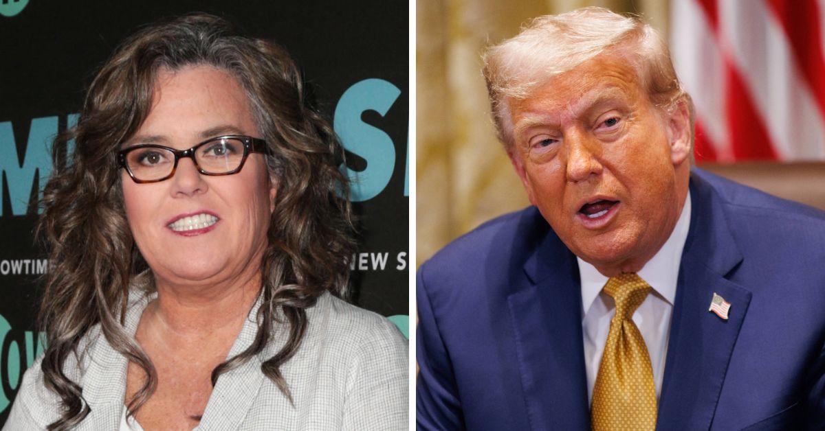 Split photo of Rosie O'Donnell, Donald Trump