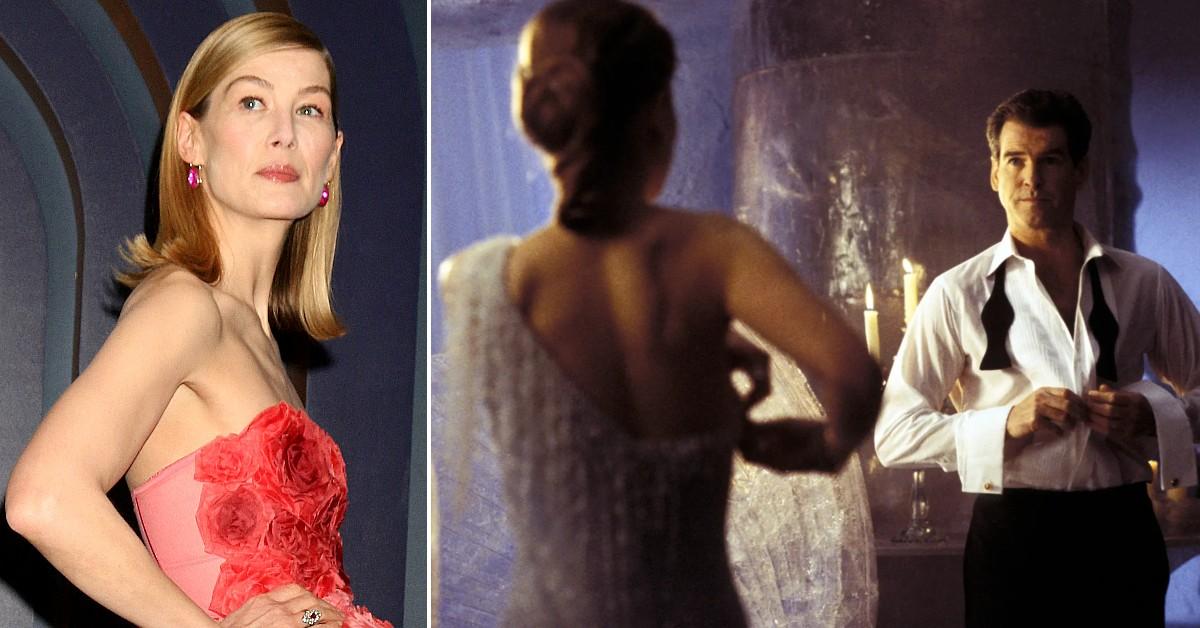 Split photo of Rosamund Pike and Die Another Day.