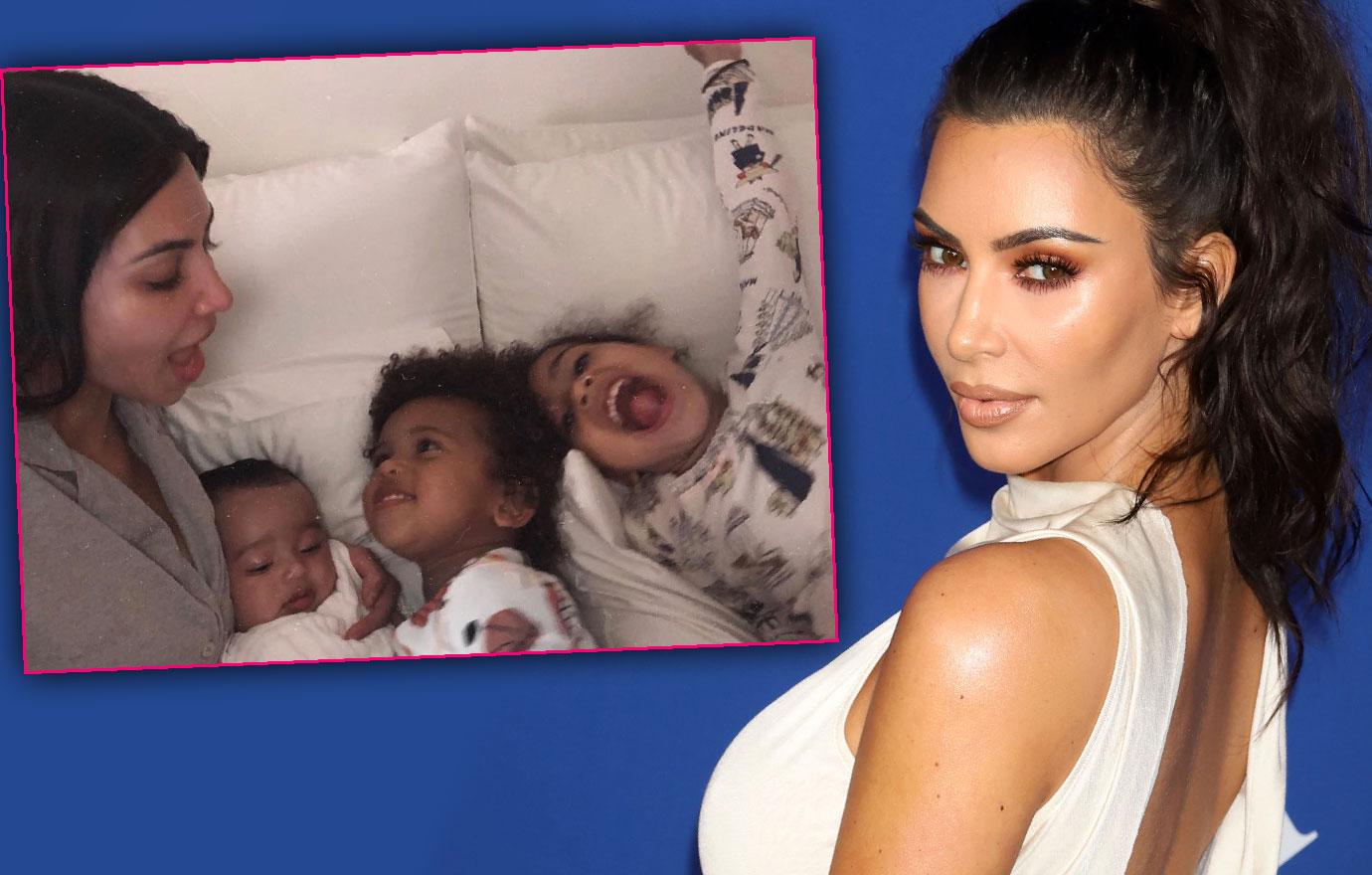 Kim Kardashian Cuddles Three Kids In Bed