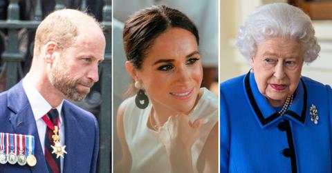 Split photo of Prince William, Meghan Markle and Queen Elizabeth II