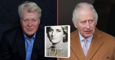 Split photo of King Charles, Earl Spencer and his book 'Swan Song: Diana, My Sister'