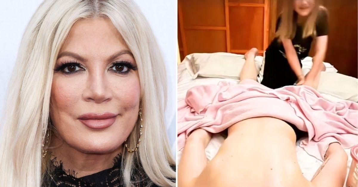 Split photos of Tori Spelling, Son Beau.