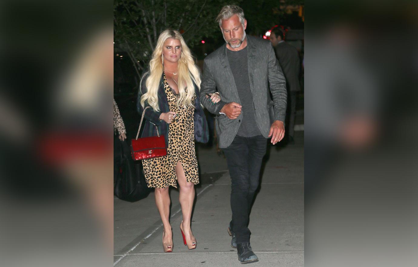 Jessica Simpson With Eric Johnson Wearing Leopard Print Dress Looking Large and Busty