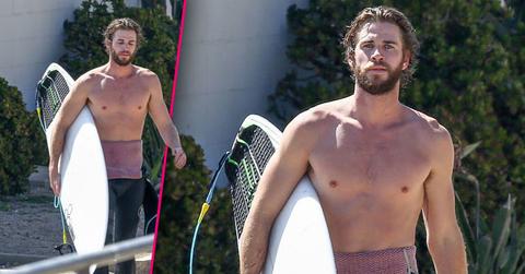 Liam Hemsworth Shirtless Tattoo Surfing Malibu