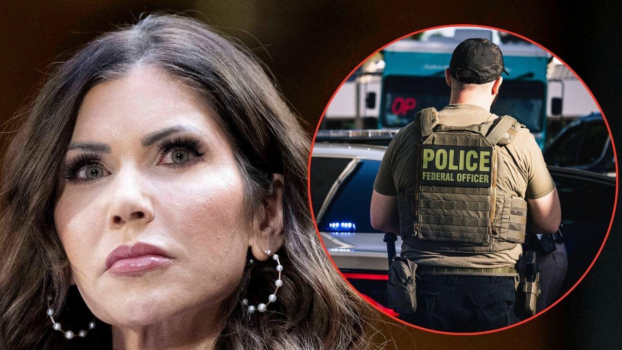 Split image of Kristi Noem and an ICE agent
