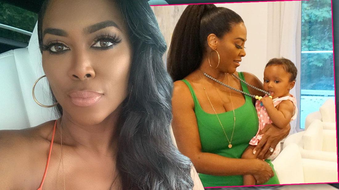 Close Up Of Kenya Moore Wearing Orange Spaghetti Strap Top, Inset of Kenya Moore Wearing Green Tank Top With Brown Bead Necklace Holding Brooklyn Doris Dalyand