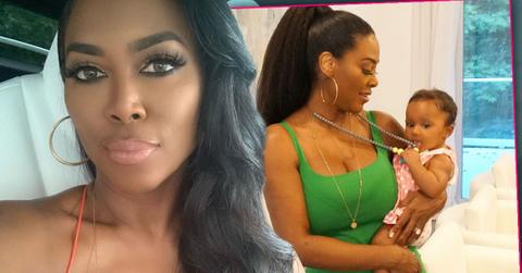 Close Up Of Kenya Moore Wearing Orange Spaghetti Strap Top, Inset of Kenya Moore Wearing Green Tank Top With Brown Bead Necklace Holding Brooklyn Doris Dalyand