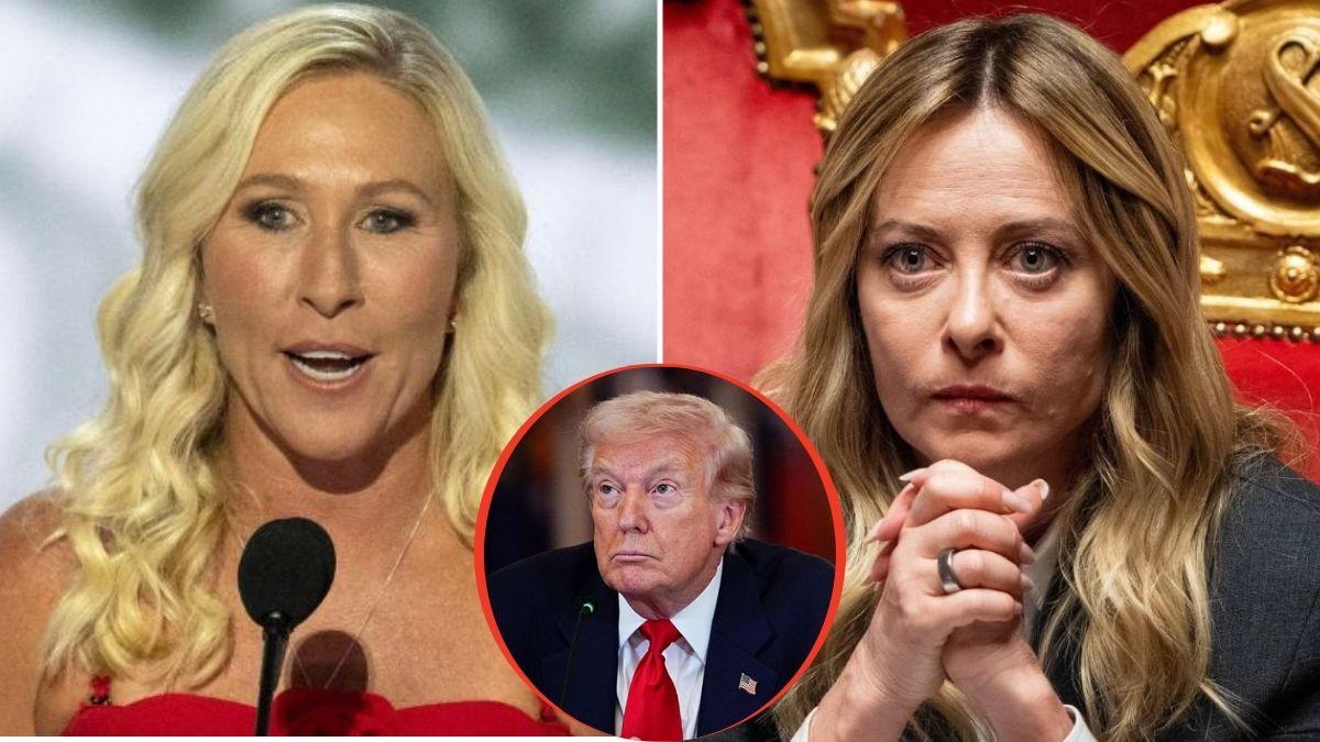 split image of Marjorie Taylor Greene / Giorgia Meloni / Donald Trump