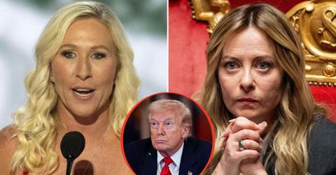 split image of Marjorie Taylor Greene / Giorgia Meloni / Donald Trump