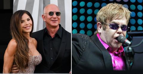 Split photo of Lauren Sanchez and Jeff Bezos, Elton John