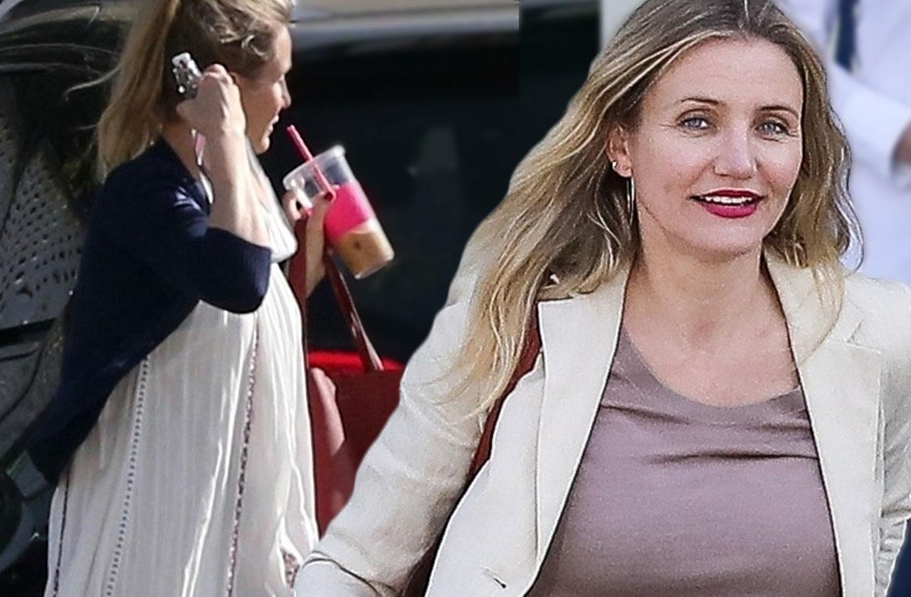 Cameron Diaz Desperately Trying To Hide Baby Bump In Grotesquely Oversized Clothes