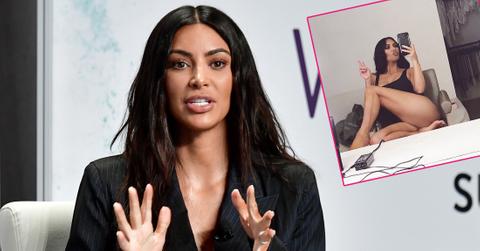 Kim Kardashian wears a black jacket with pinstripes. Inset, Kim K posing on a bed with the peace sign.